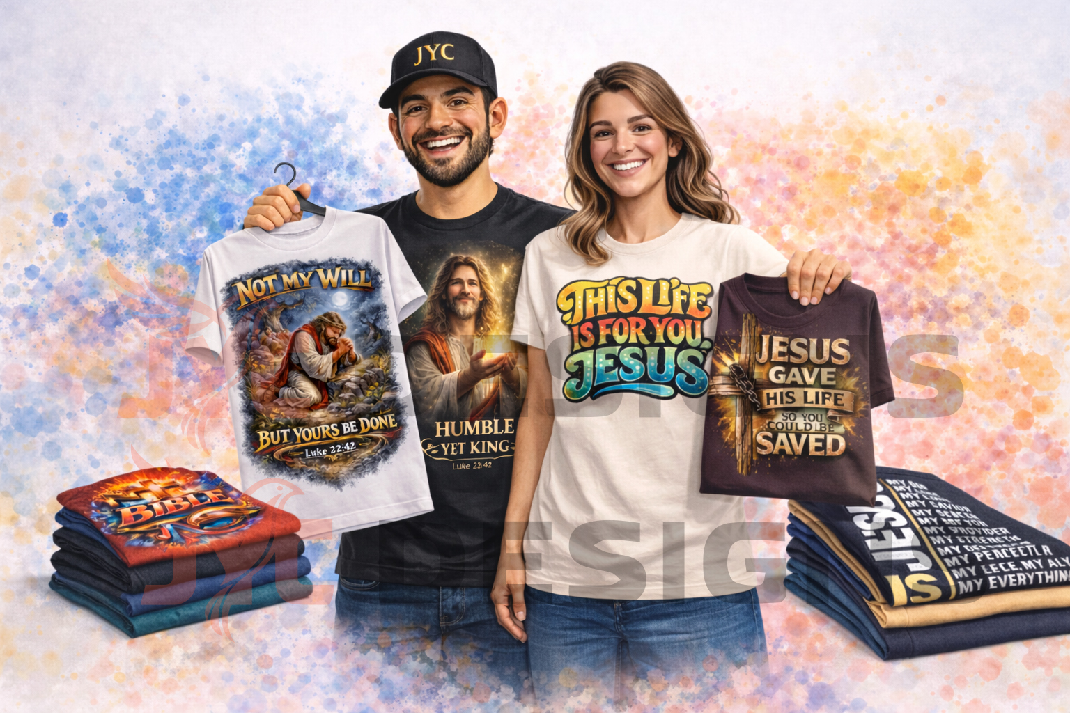 JYC Designs apparel — models holding and wearing designs